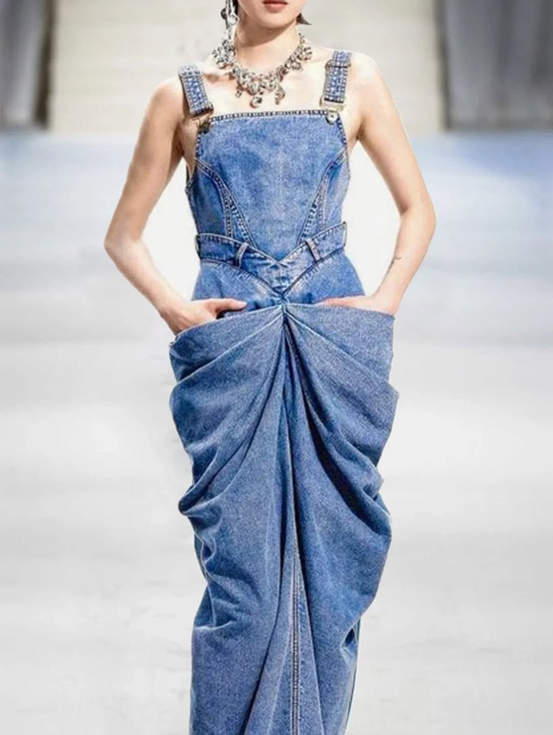 Women's Denim Suspender Pleated Maxi Dress Vintage Relaxed Fit Overall Dress Blue Front View – AdriaPulse