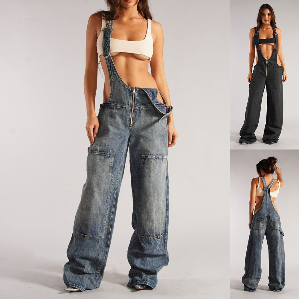 Salopette en jean à fermeture éclair Y2K avec poches, combishort à bretelles ample, streetwear, pantalon en jean, vêtements pour femmes