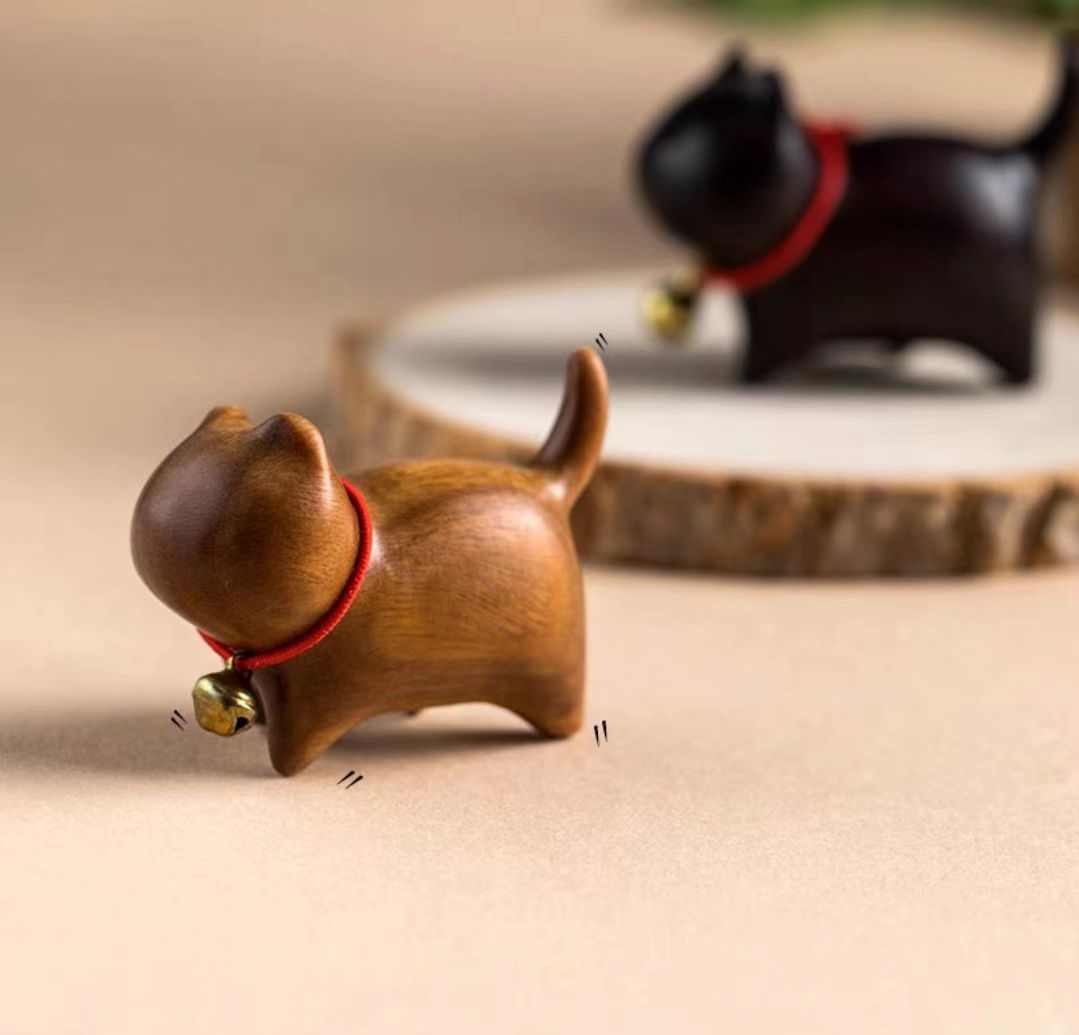 Handmade Sandalwood Cat & Animal Figurine – Mini Wooden Desk Ornament