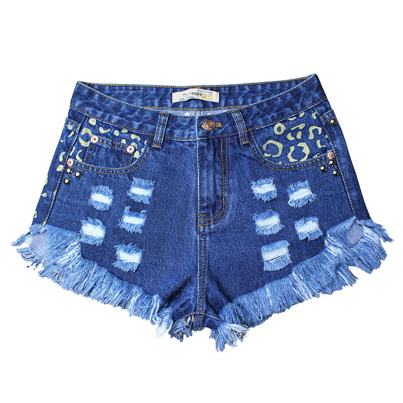 Women's Ripped Loose High Waist Rivet Denim Shorts – Wide Leg Dark Blue | S–3XL