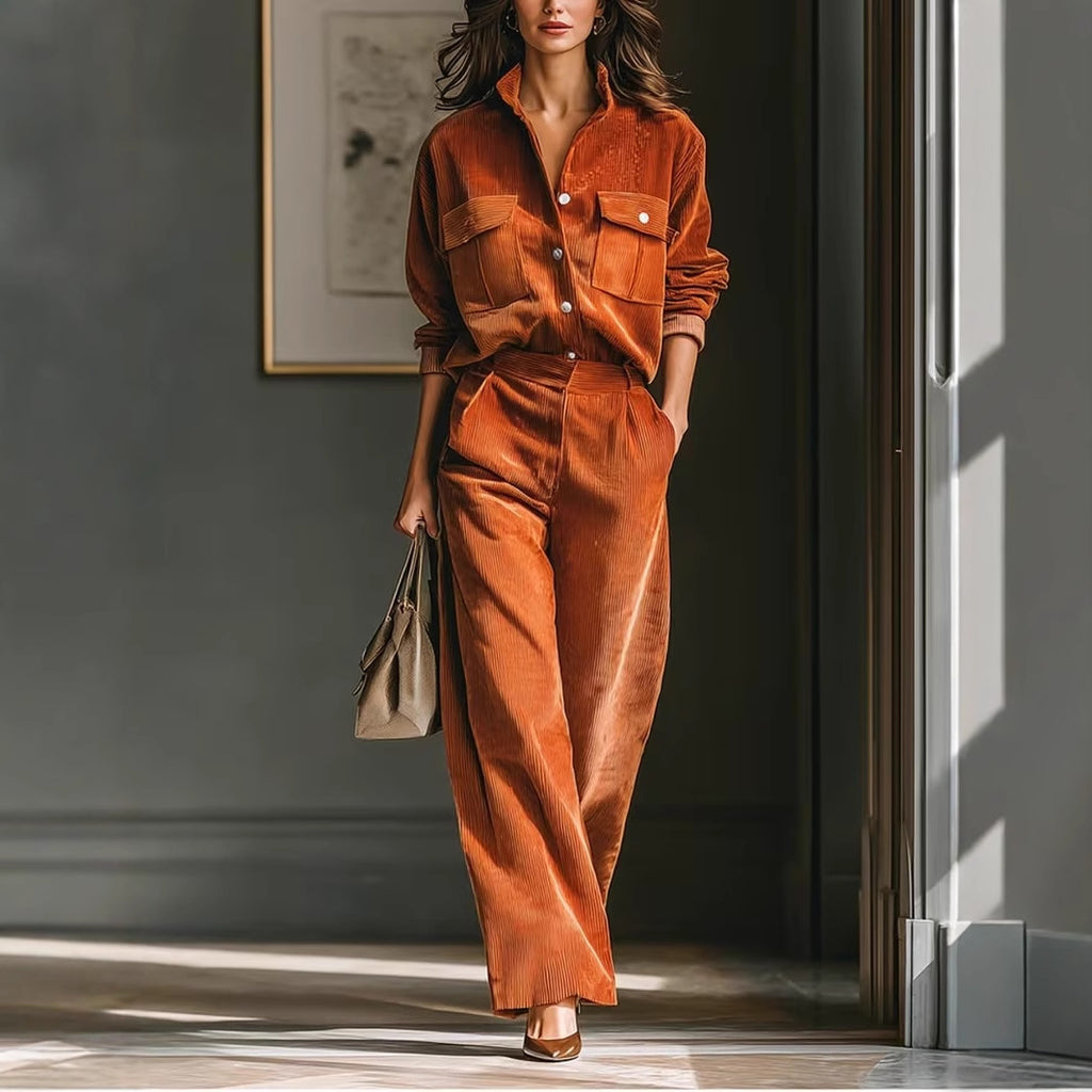 Retro Casual Caramel Corduroy Shirt & Wide-Leg Pants Set