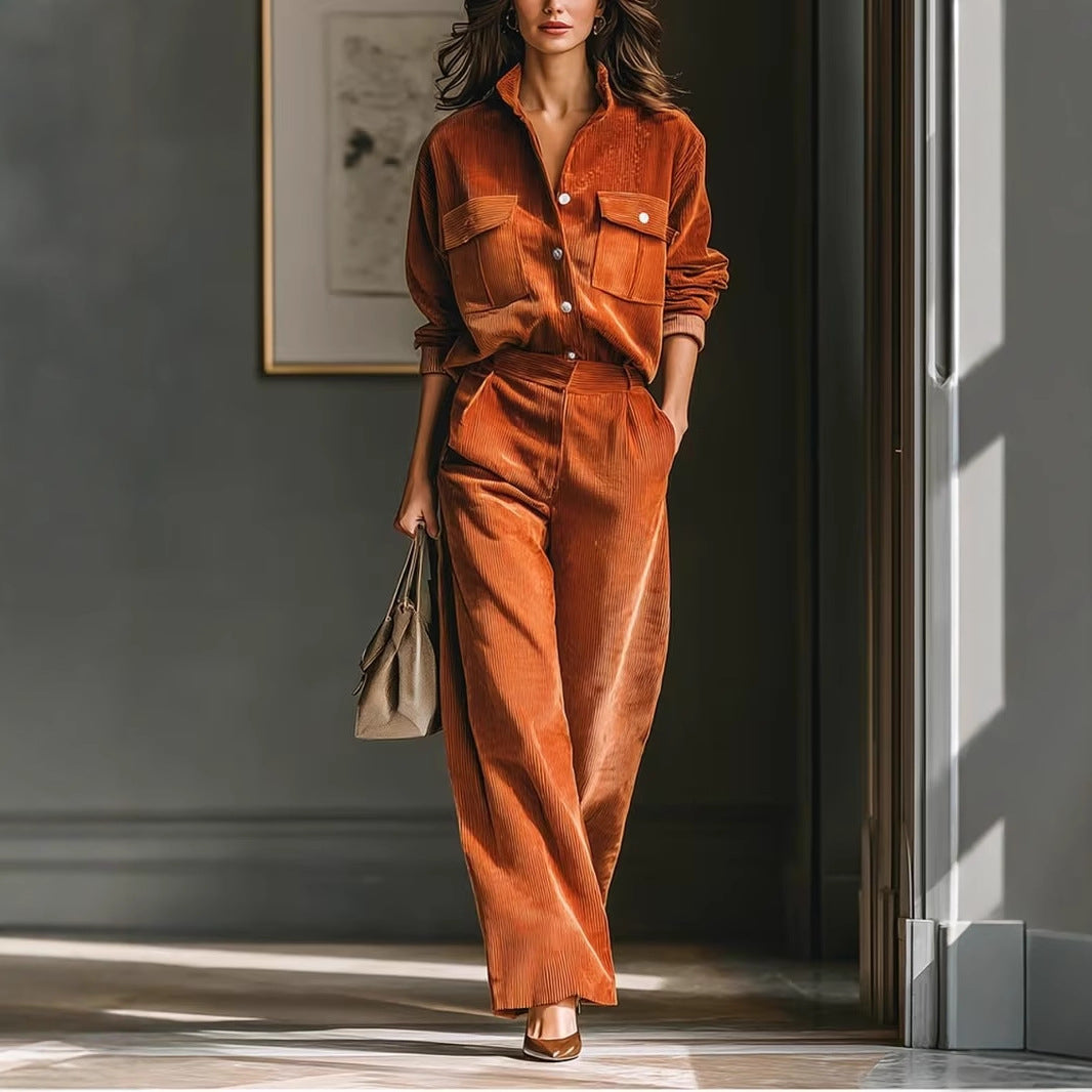 Retro Casual Caramel Corduroy Shirt & Wide-Leg Pants Set