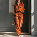Retro Casual Caramel Corduroy Shirt & Wide-Leg Pants Set