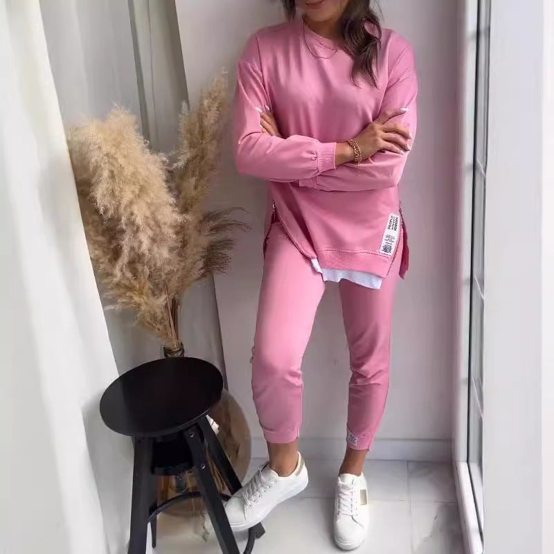 Women's Two Piece Sports Suit – Slit Sweatshirt & Slim Sweatpants Set