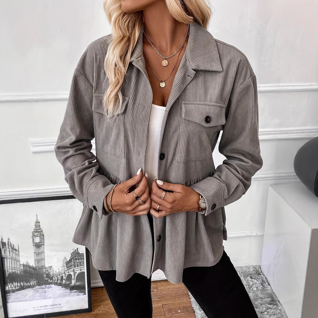 Women's Casual Corduroy Shirt Coat Loose Long Sleeve Gray – AdriaPulse