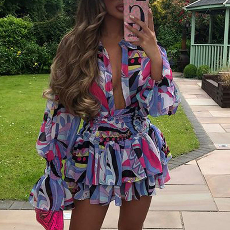 Women's V-Neck Printed Mini Dress Casual Short Dress – AdriaPulse