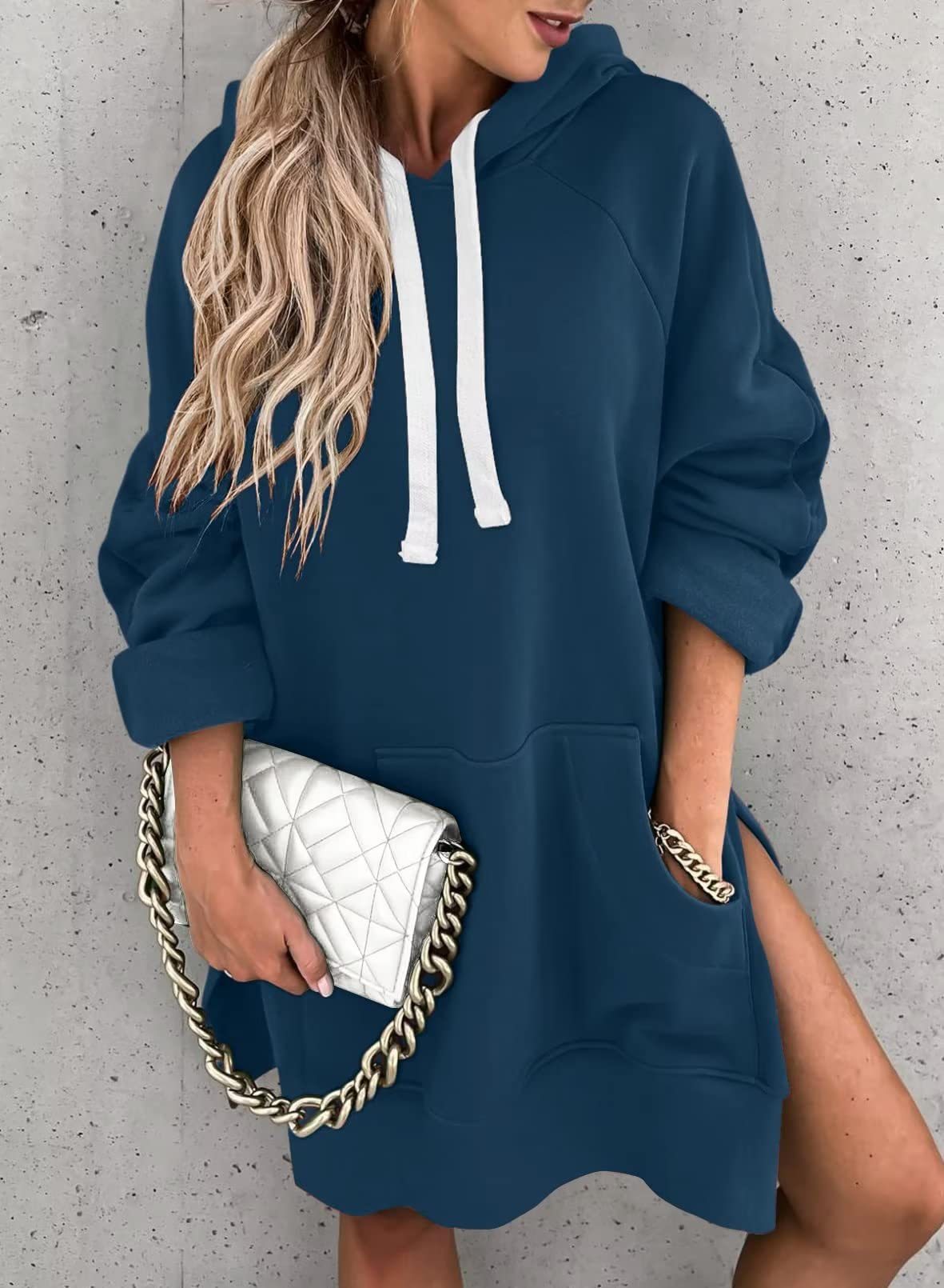 Damen Kapuzenpullover mit Taschen Mode Lässiger Split Mittellanger Pullover Kordelzug Oberteile