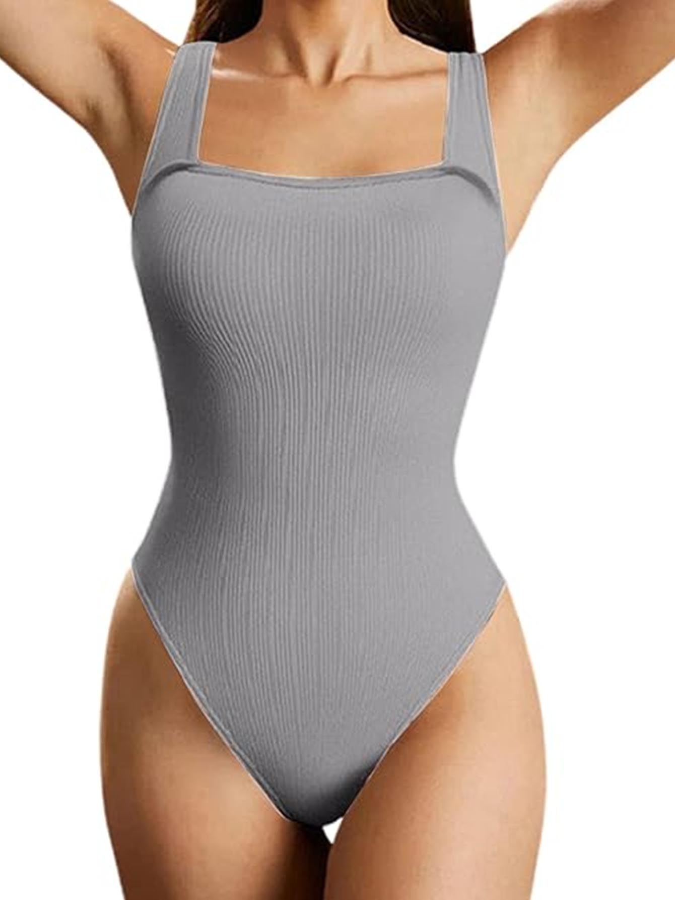 Women's Sleeveless Square Neck Ribbed Yoga Bodysuit Jumpsuit Coffee AdriaPulse