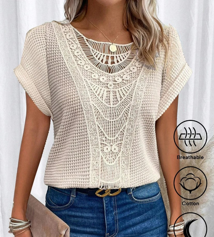 Damen-Kurzarm-Oberteil mit Cut-Outs – Sommer-T-Shirt im Ethno-Stil