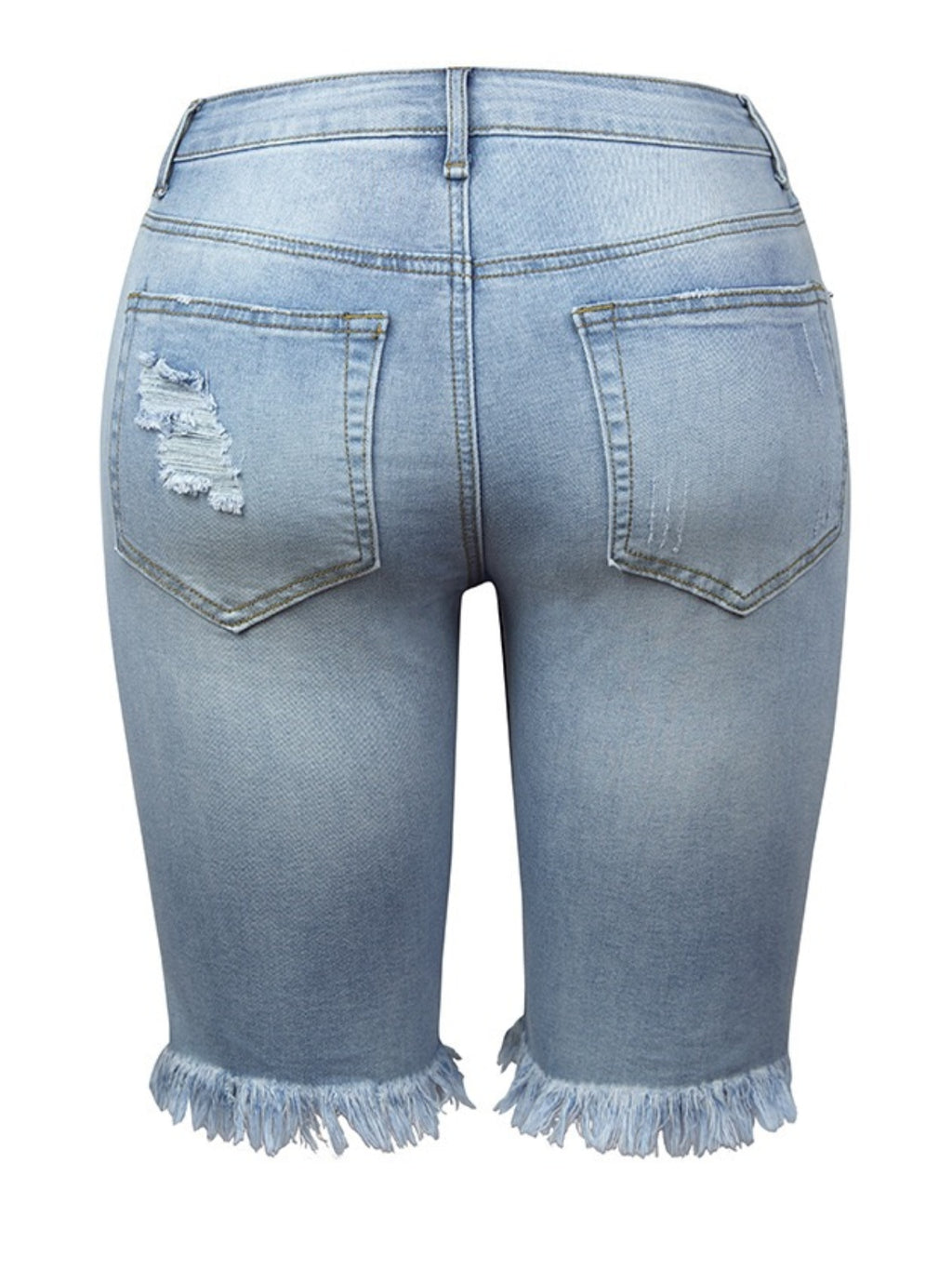 Women's Distressed Three-Quarter Denim Shorts with Frayed Hem in Blue – AdriaPulse