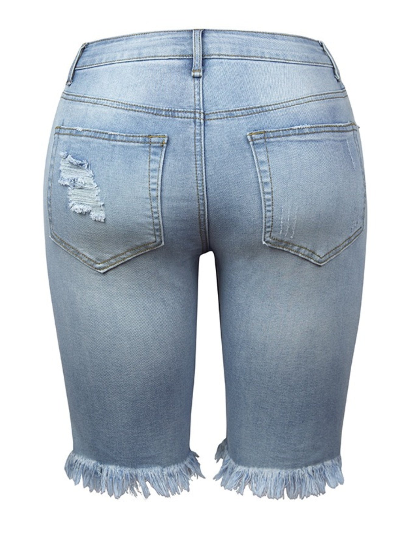 Women's Distressed Three-Quarter Denim Shorts with Frayed Hem in Blue – AdriaPulse
