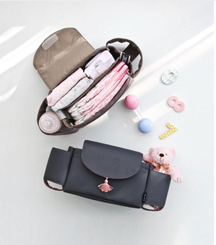 Grey bear multifunction baby stroller bag organizer hanging on pushchair — maternity nappy bag for diapers, bottles and essentials, AdriaPulse