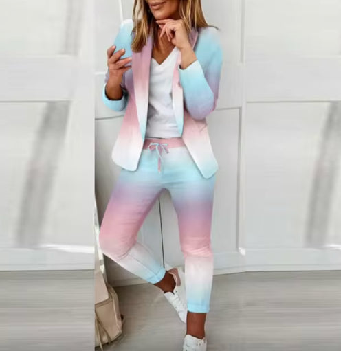 Ensemble Blazer et Pantalon Décontracté Imprimé Multicolore pour le Travail