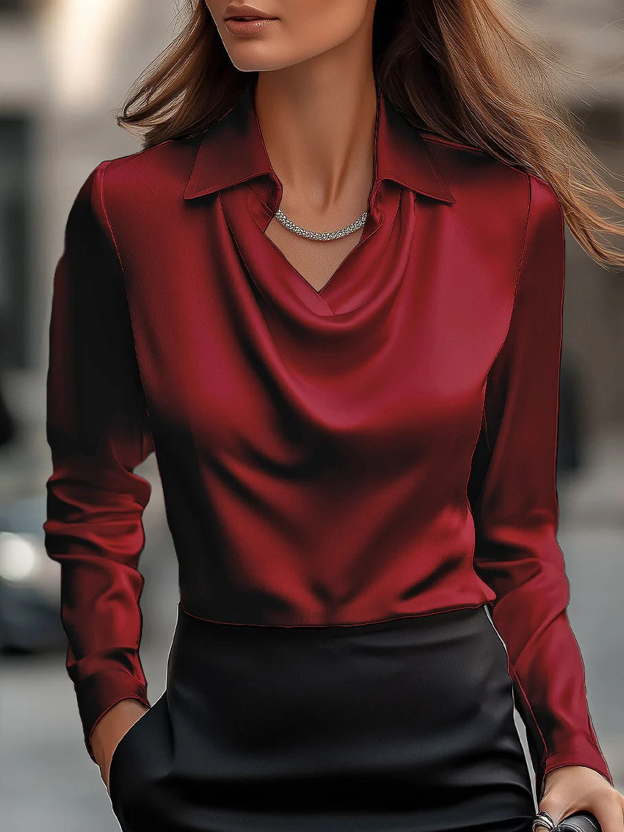 Collared Long Sleeve Solid Color Blouse Women Casual Business Top AdriaPulse
