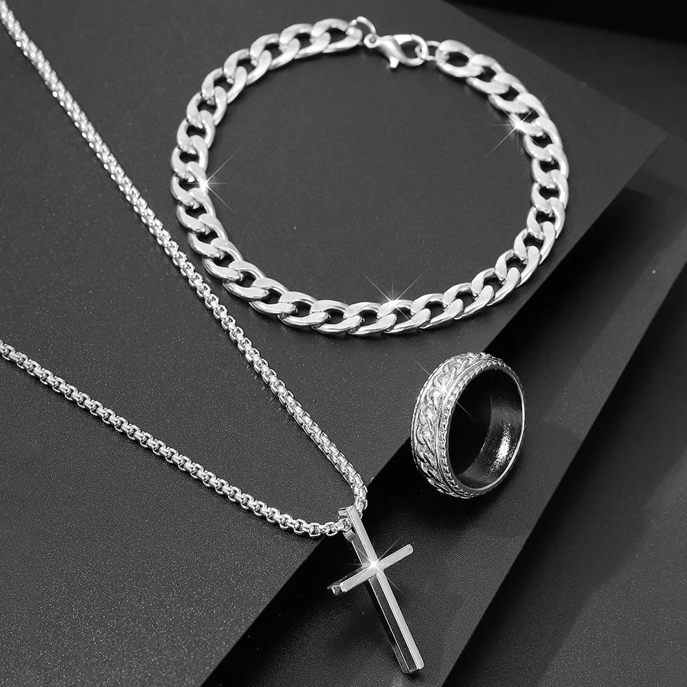 Herren 3-teiliges Mode-Schmuckset aus Legierung – Kreuz-Anhänger Halskette, Armband & Ring Kombination