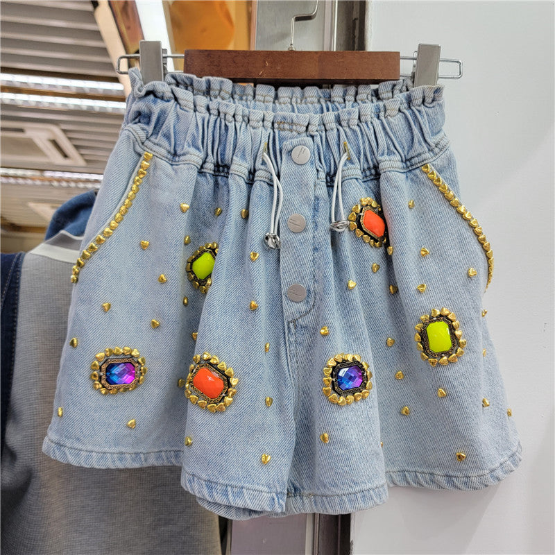 Women's Diamond Beaded High Waist Wide-Leg Denim Shorts – Embellished Blue