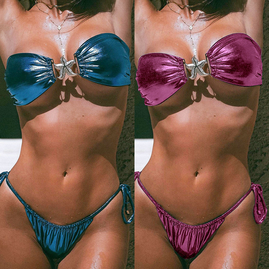 Tube Top Split Bikini – Glossy Starfish Two-Piece | Pink & Sapphire Blue