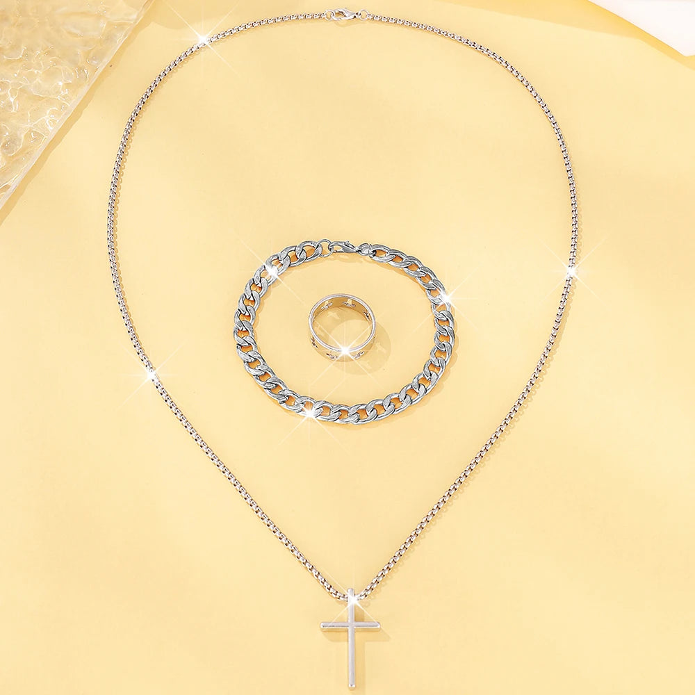 Herren 3-teiliges Mode-Schmuckset aus Legierung – Kreuz-Anhänger Halskette, Armband & Ring Kombination