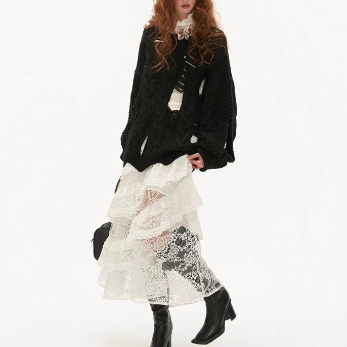 Y2K Retro Lace Tiered Skirt – American Style Patchwork Midi Skirt