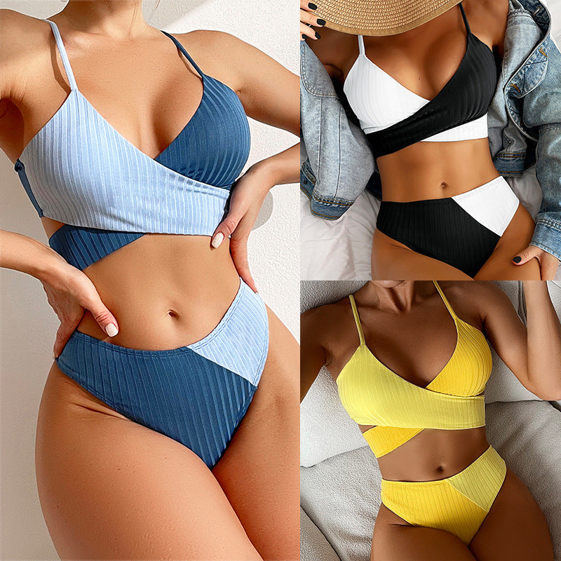 Maillot de bain bikini patchwork côtelé pour femme, dos noué, coupe scrunch, bikinis, tenue de plage