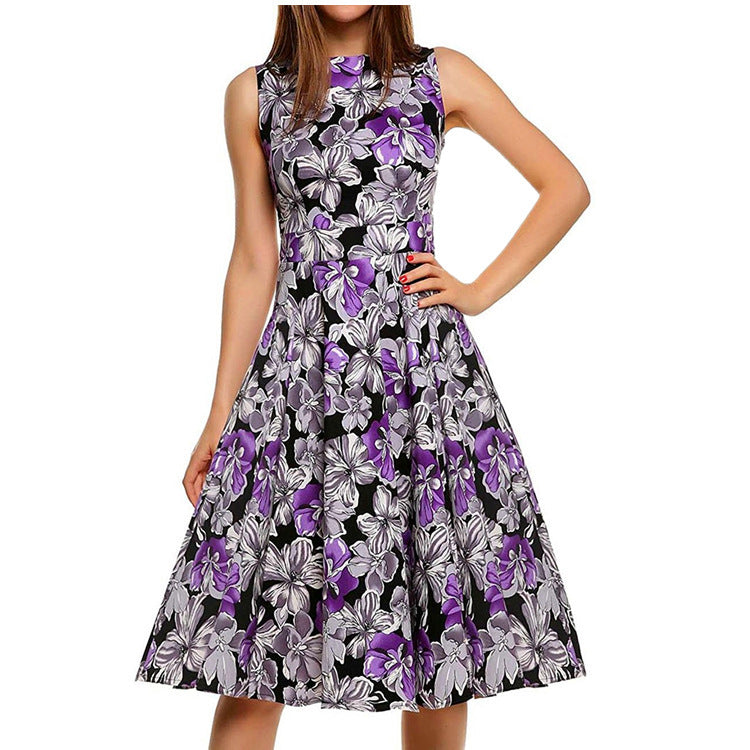 Robe midi sans manches imprimée floral pour femme – Mélange de coton, coupe princesse