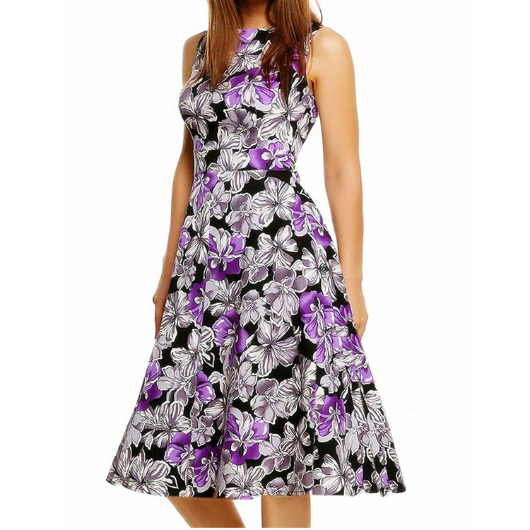 Robe midi sans manches imprimée floral pour femme – Mélange de coton, coupe princesse