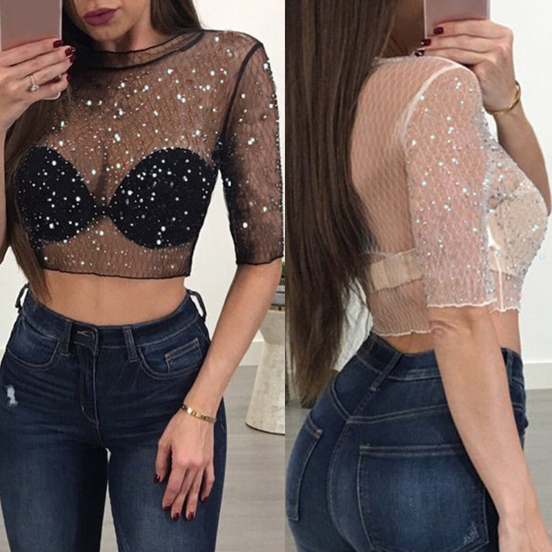 Women's Mesh Rhinestone T-Shirt Sheer Slim Fit Black White – AdriaPulse