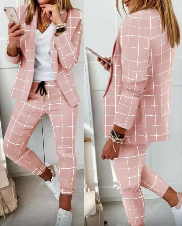 Multicolor Print Casual Suit Commuter Blazer Pants Set