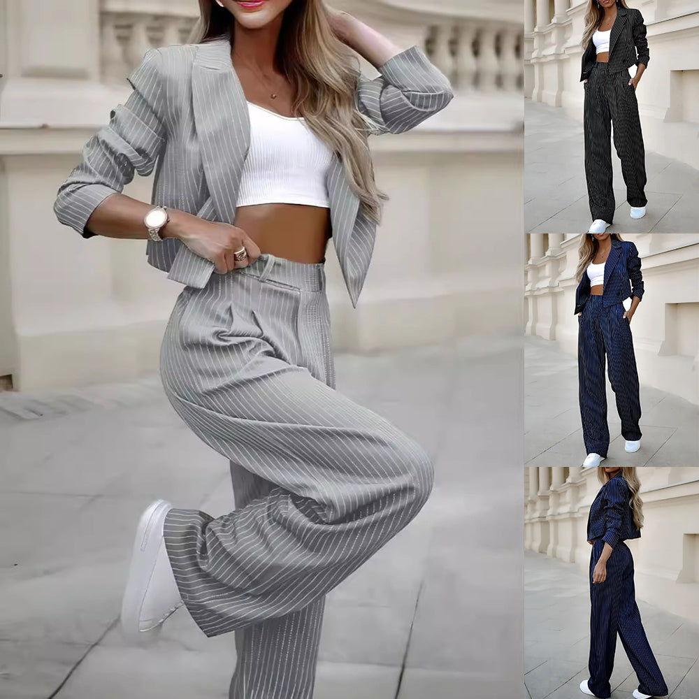 Ensemble deux pièces rayé pour femme – Haut court à revers et pantalon droit