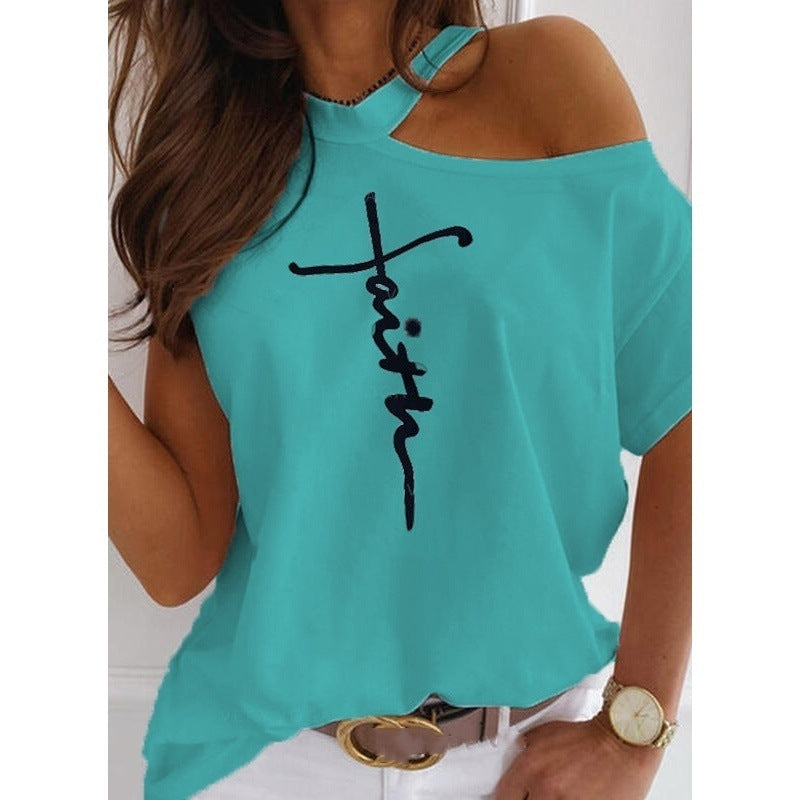 Women's Letter Print Off-Shoulder T-Shirt Short Sleeve Apricot Black Green Pink – AdriaPulse