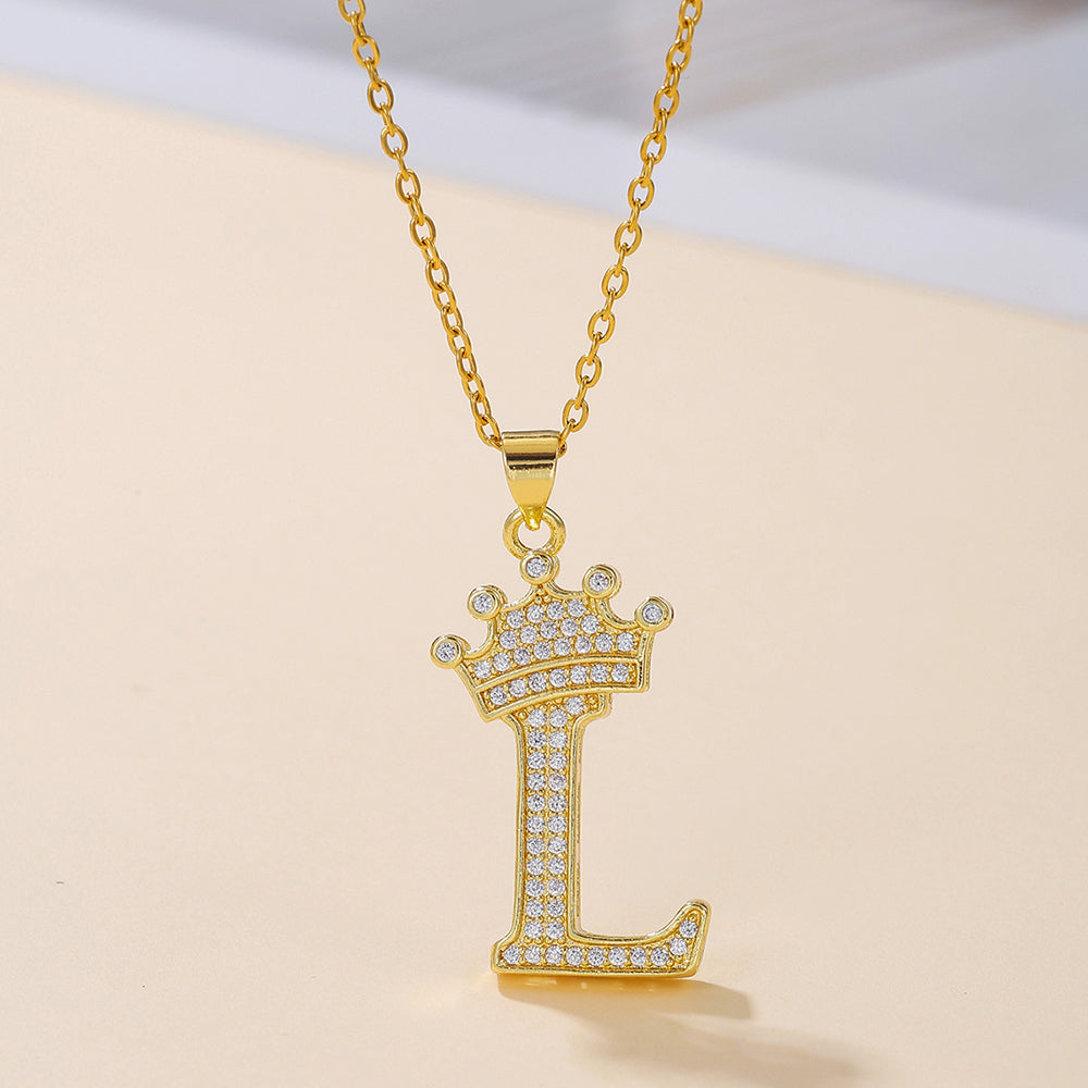 Gold Crown Initial Letter Pendant Necklace – Zircon A–Z Alphabet Jewelry