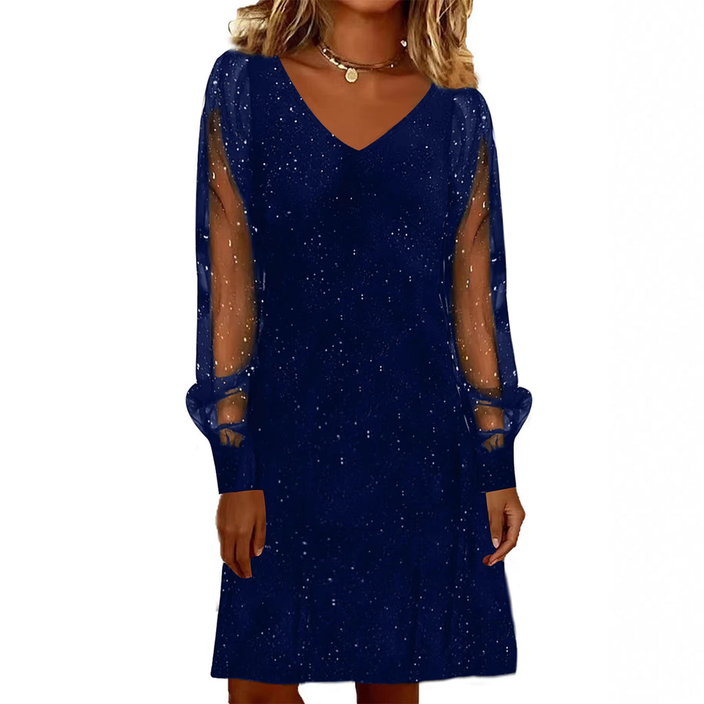V-Neck Mesh Sleeve Mini Dress | Women's Shiny Party Dress – Autumn Winter Evening