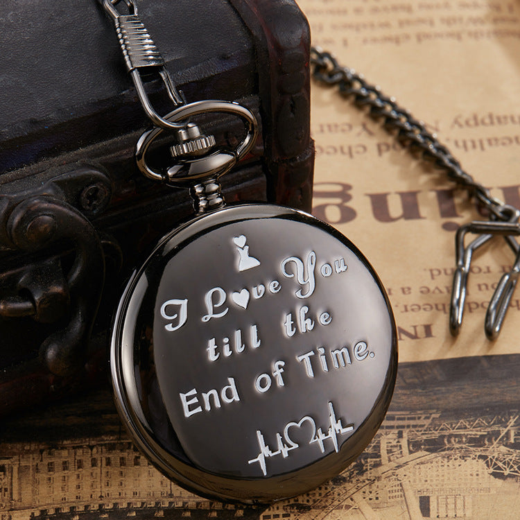 Engraved Vintage Quartz Pocket Watch – Alloy Case with Chain, 45mm