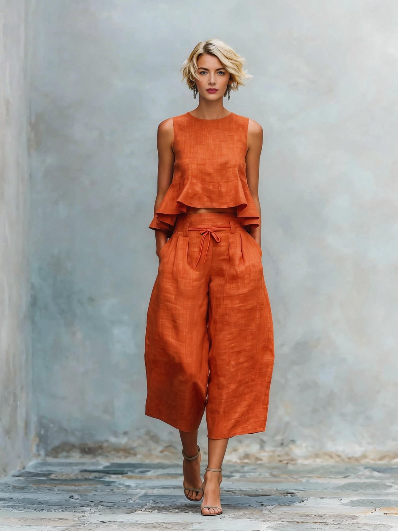Women's Ruffled Sleeveless Top Wide-Leg Pants Set 2-Piece Summer Suit – Dark Green | AdriaPulse