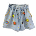 Women's Diamond Beaded High Waist Wide-Leg Denim Shorts – Embellished Blue