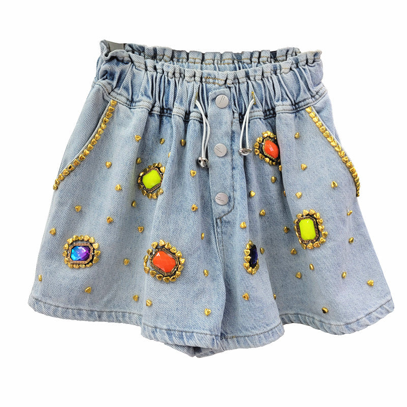 Women's Diamond Beaded High Waist Wide-Leg Denim Shorts – Embellished Blue