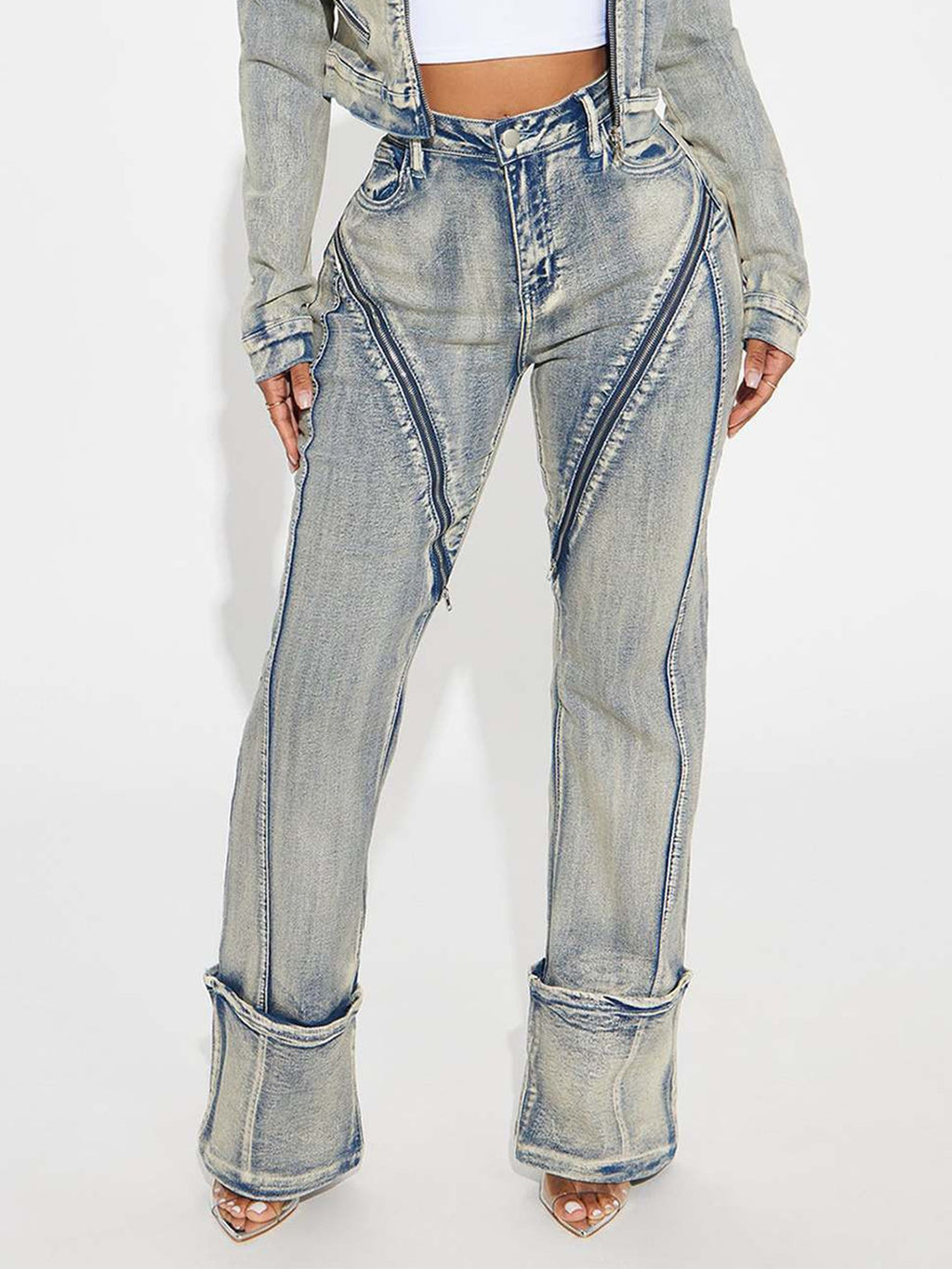 Pantalon en jean zippé délavé très élastique pour femme