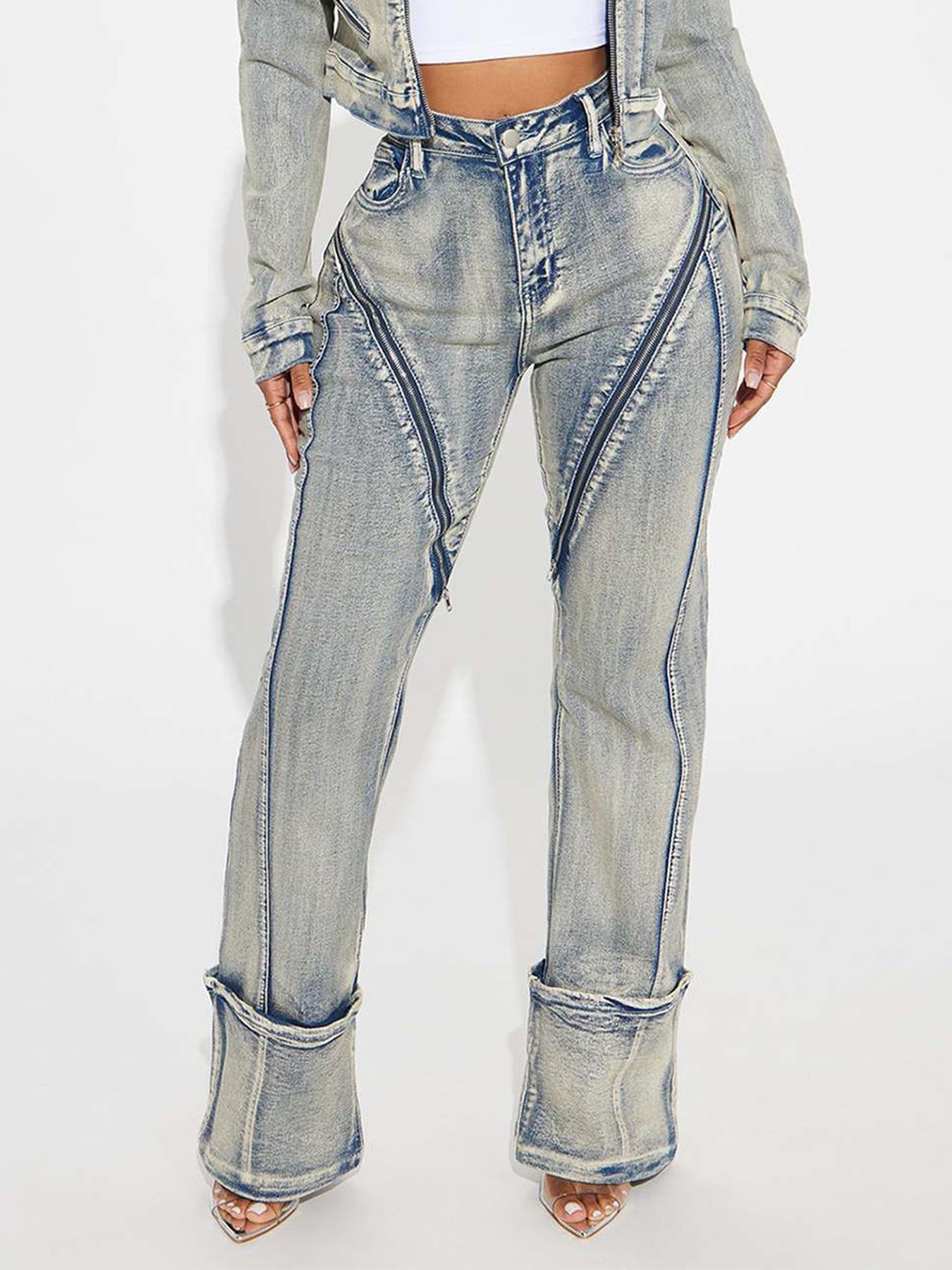 Pantalon en jean zippé délavé très élastique pour femme