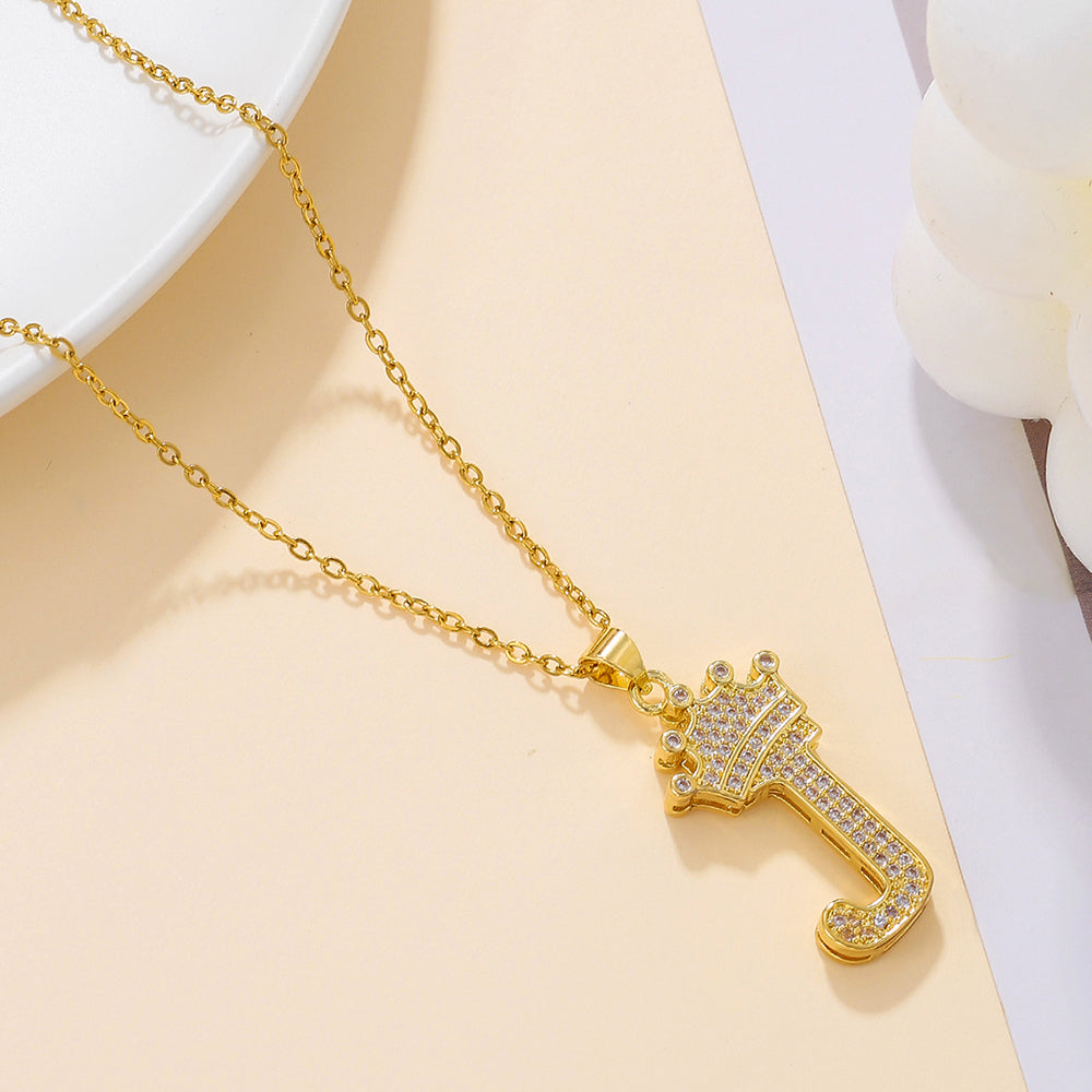 Gold Crown Initial Letter Pendant Necklace – Zircon A–Z Alphabet Jewelry