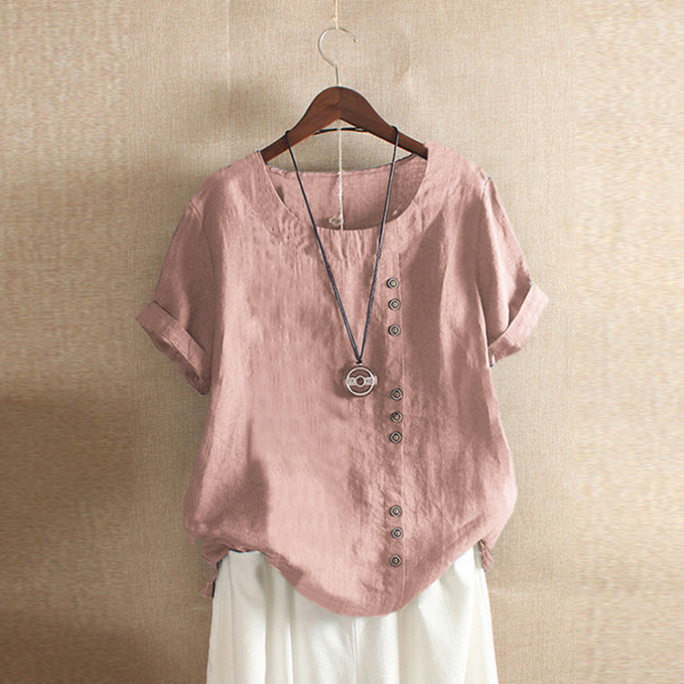 Women's Cotton Linen Short Sleeve T-Shirt Casual Spliced – AdriaPulse"