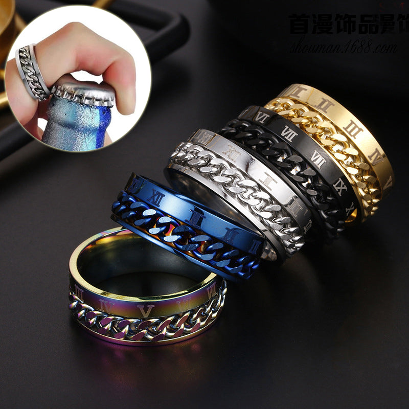 Bague Chaîne Rotative à Lettres Romaines Hommes Bague Digitale en Acier Titane Pour Couple Bague Décapsuleur Multifonctionnelle de Haute Qualité Bijoux Spinner Cadeaux Punk