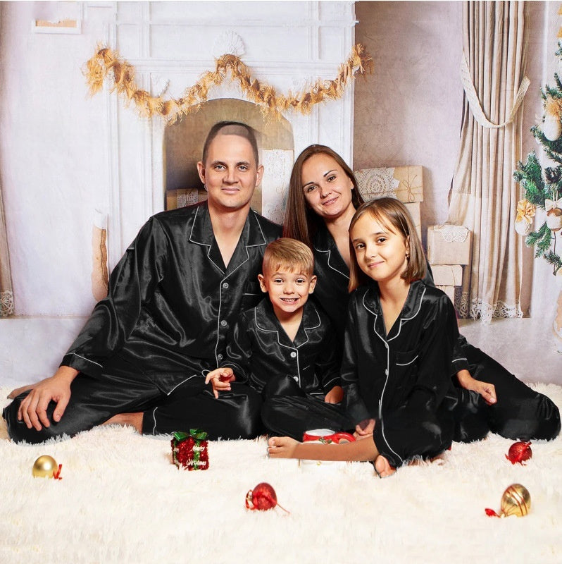 Parent-Child Ice Silk Satin Pajamas Set Black – Family Matching Sleepwear – AdriaPulse"
