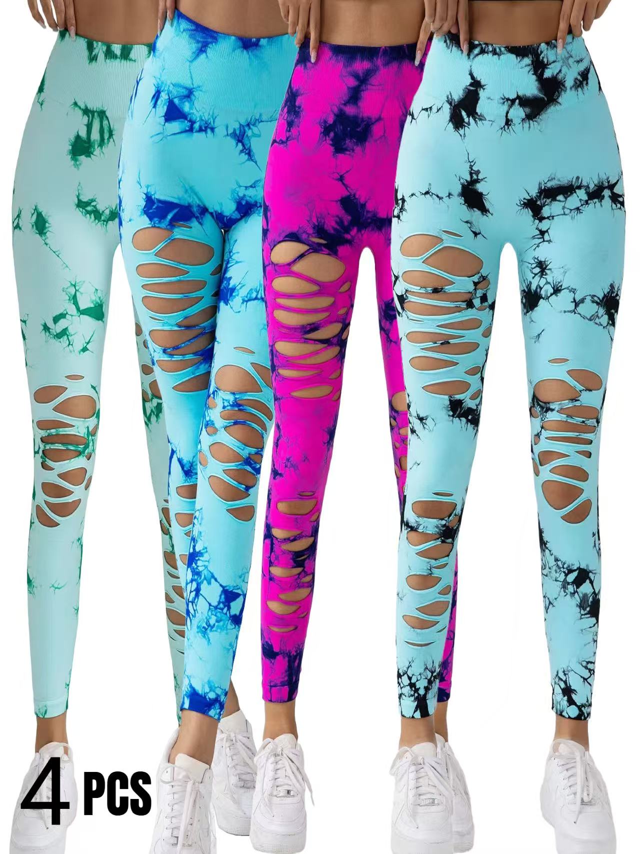 -Pack Hollow-Out Tie-Dye High-Waist Tummy Control Yoga Pants – Mixed Colors – Front View | AdriaPulse