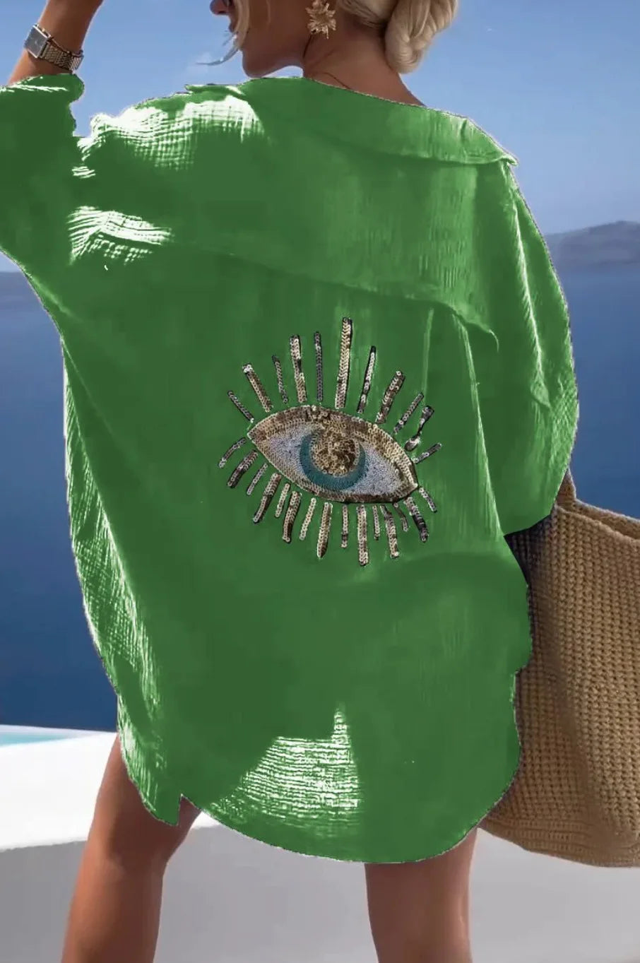 Spring Summer Fashiona Sequin Eye Shirt Dresses 2024 Women Casual Beach Style Loose Button Sun Protection Shirt Dress