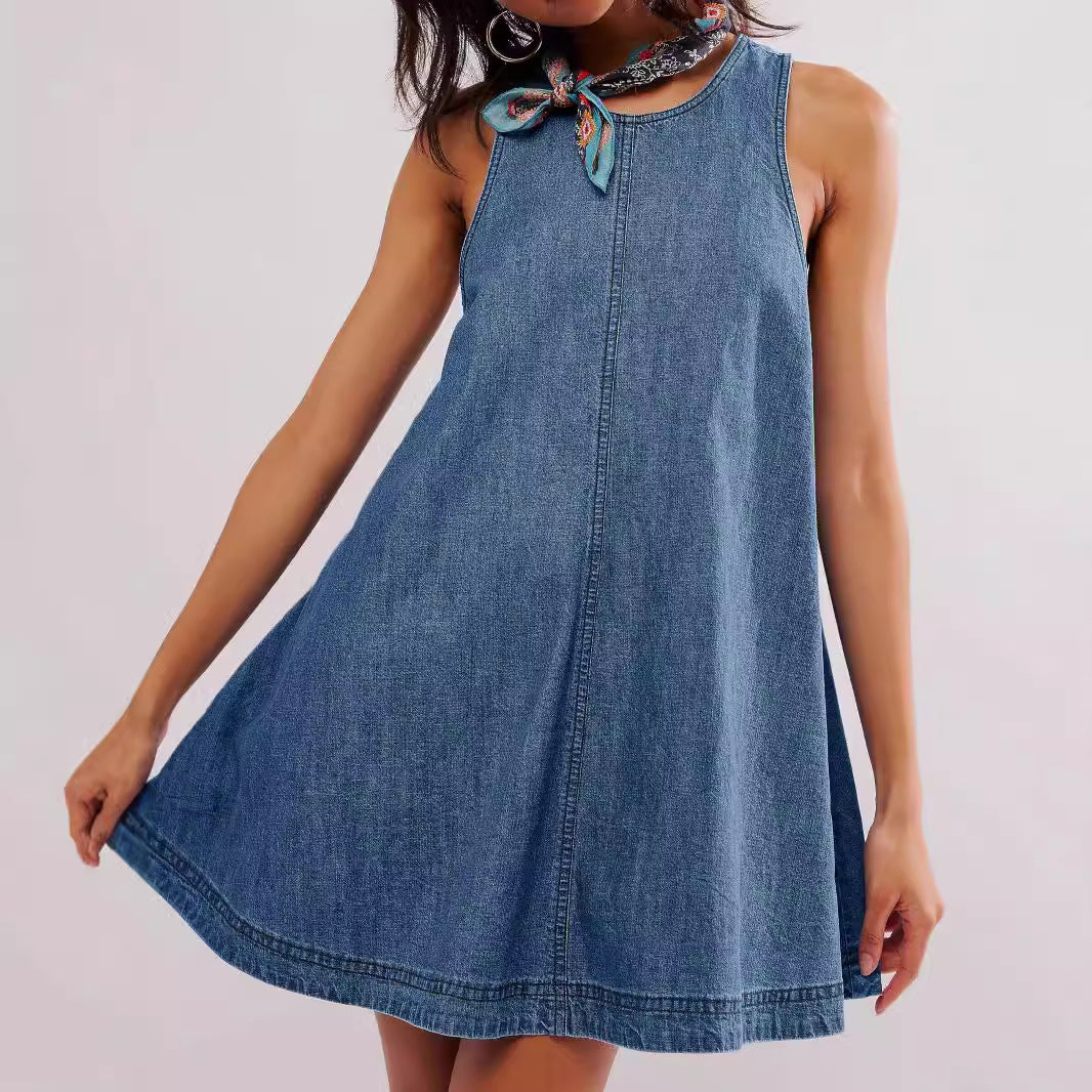 Sleeveless Backless Denim Mini Dress Dark Blue | AdriaPulse