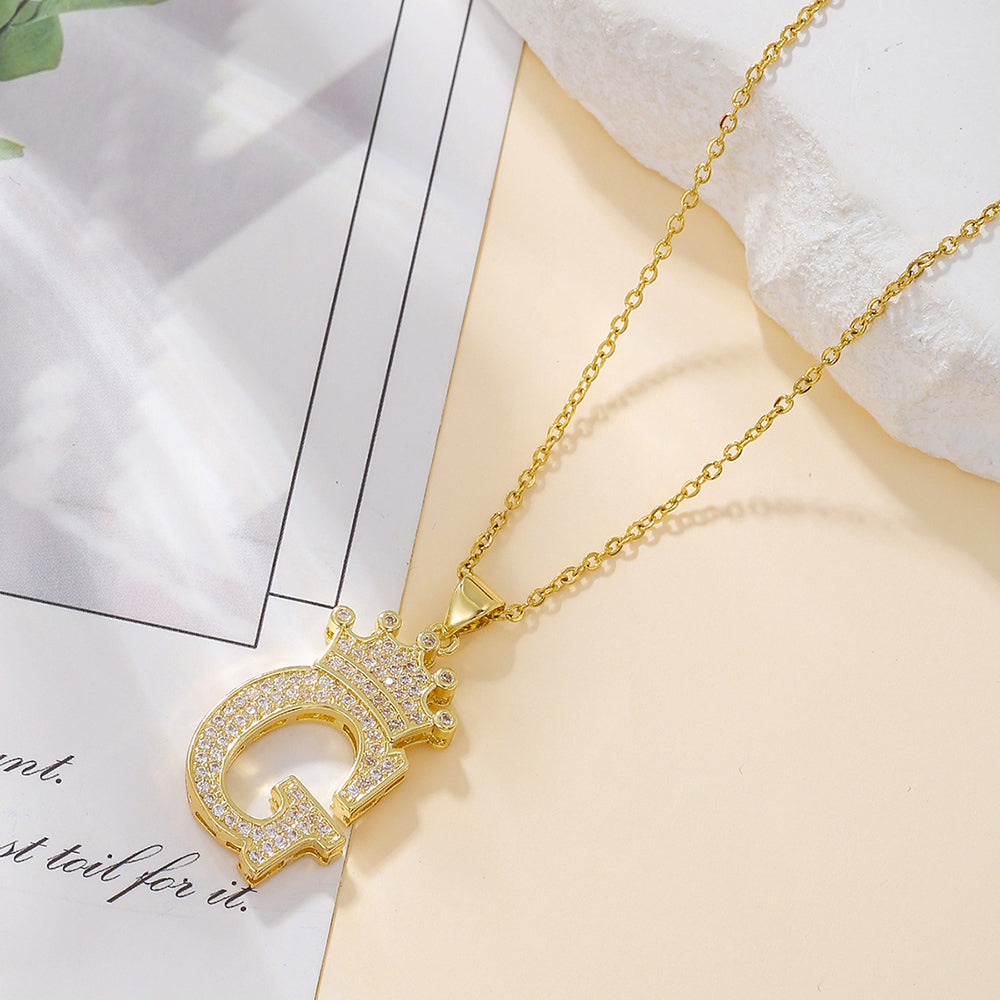 Gold Crown Initial Letter Pendant Necklace – Zircon A–Z Alphabet Jewelry