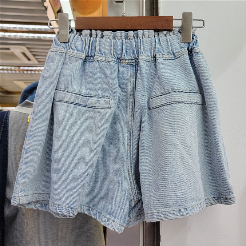 Women's Diamond Beaded High Waist Wide-Leg Denim Shorts – Embellished Blue