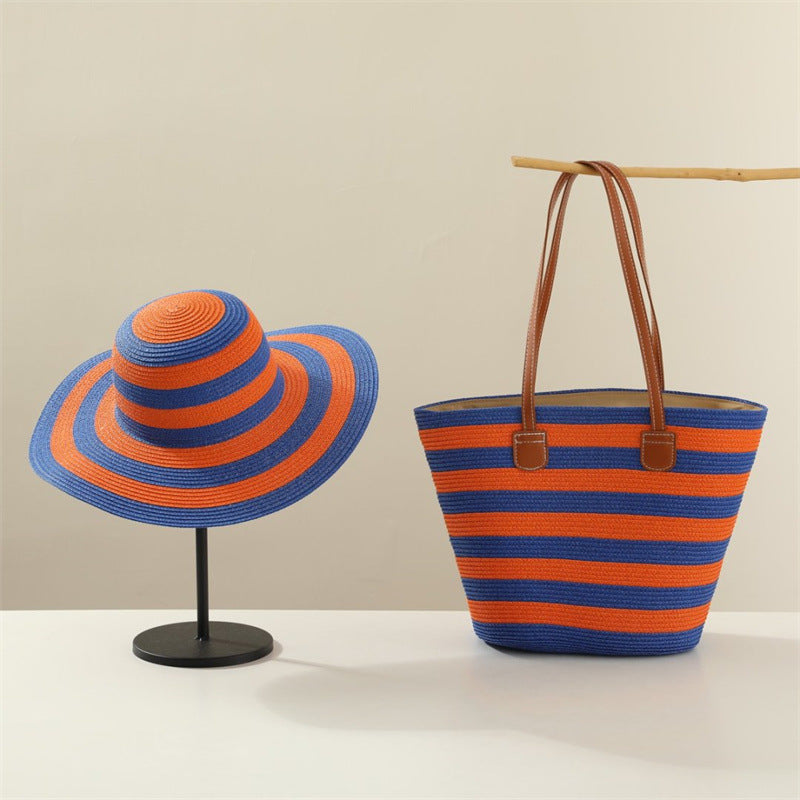 Women's Straw Beach Sun Hat & Shoulder Bag Set – Hand-Woven Boho Summer Accessory