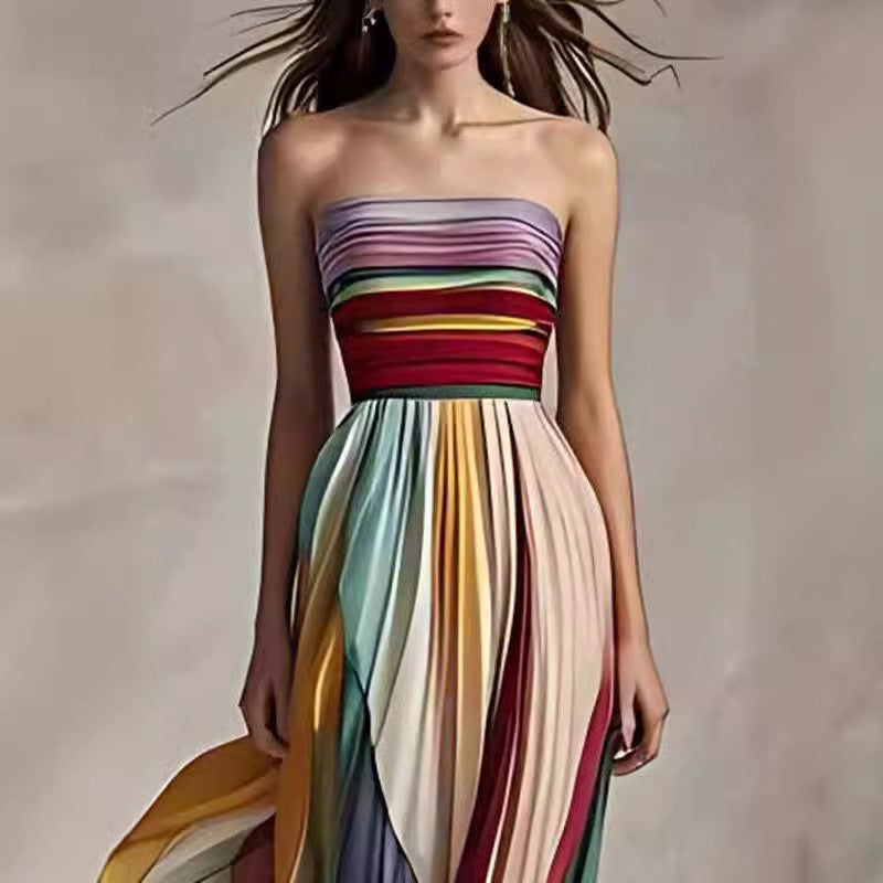 Women's Tube Top Backless Striped Maxi Dress High Waist A-Line Swing – AdriaPulse