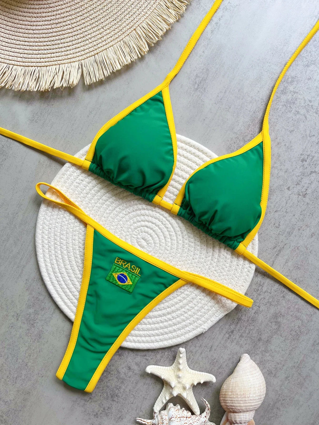 Women's Brasil Flag Embroidery Bikini Set – Patchwork Contrast Swimwear